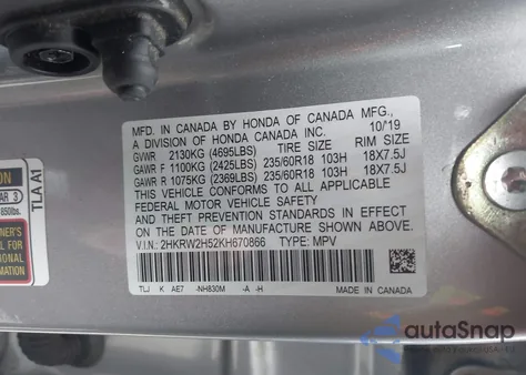 2019 Honda Crv F Sport из США, поврежденный, VIN 2HKRW2H52KH670866